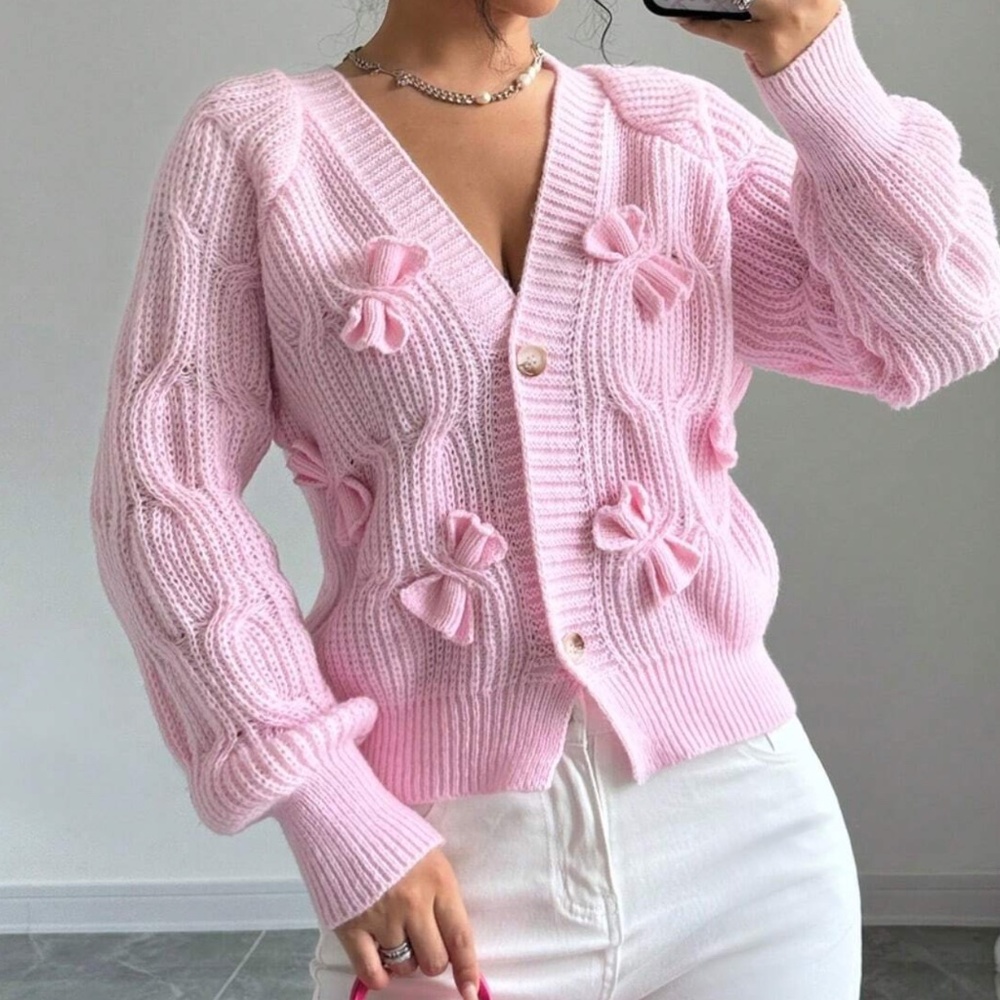Classic Solid Bow Detail Button Down Fitted Cardigan